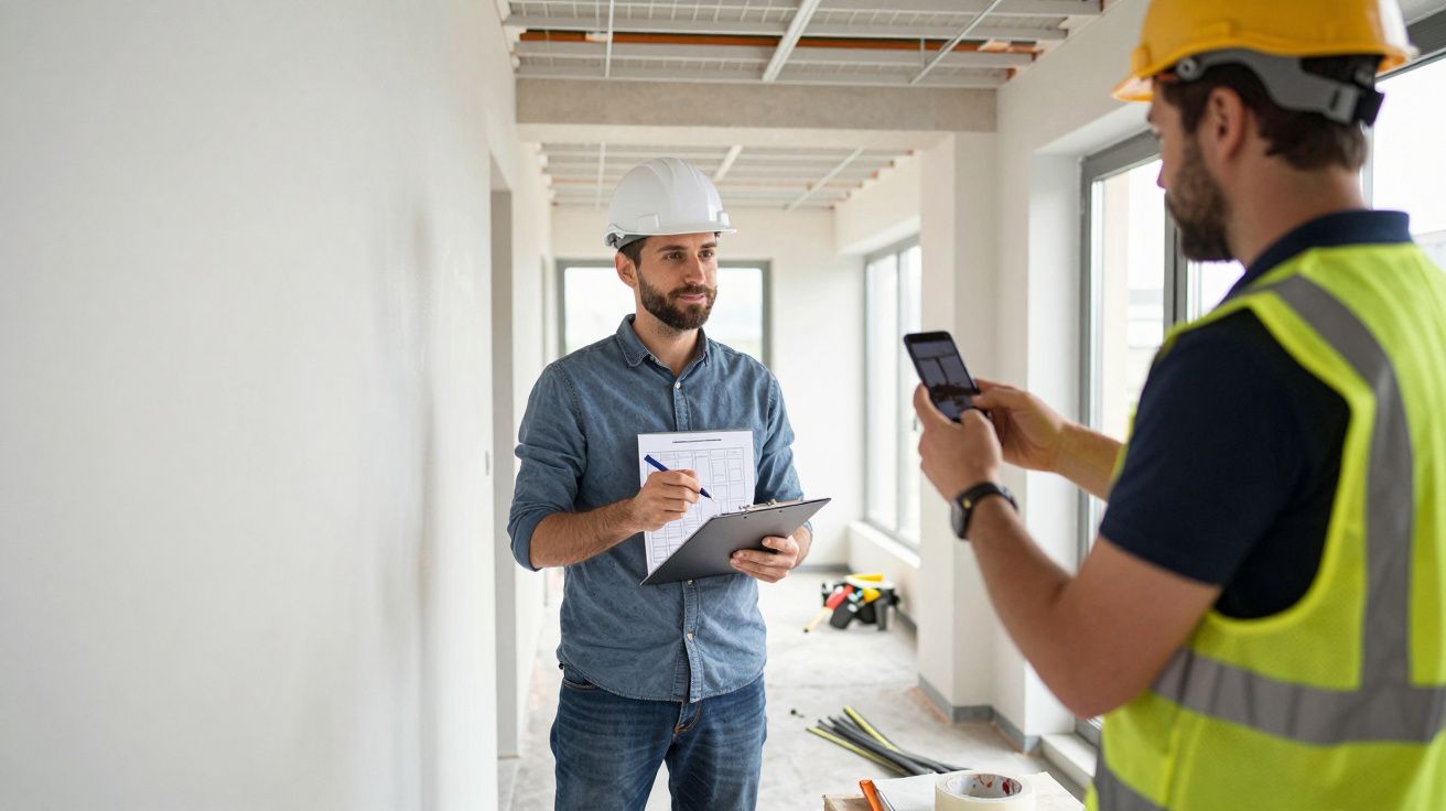 Two construction workers in a building, one with clipboard, the other taking notes on phone, both wearing hard hats.