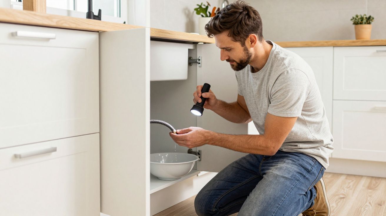 Man using a torch to inspect a pipe under the kitchen sink, with a bowl beneath the pipe.