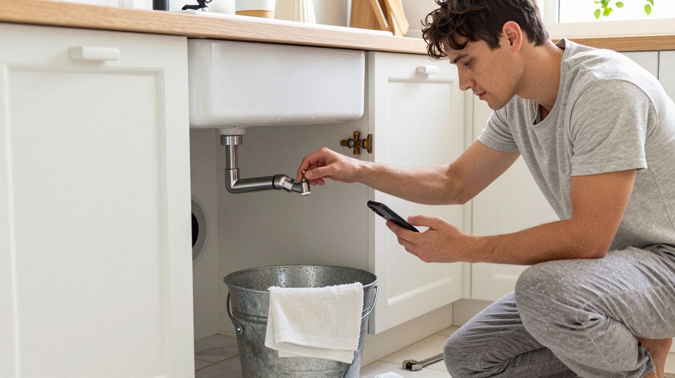 Man checking leaking sink pipe under kitchen counter, using phone.
