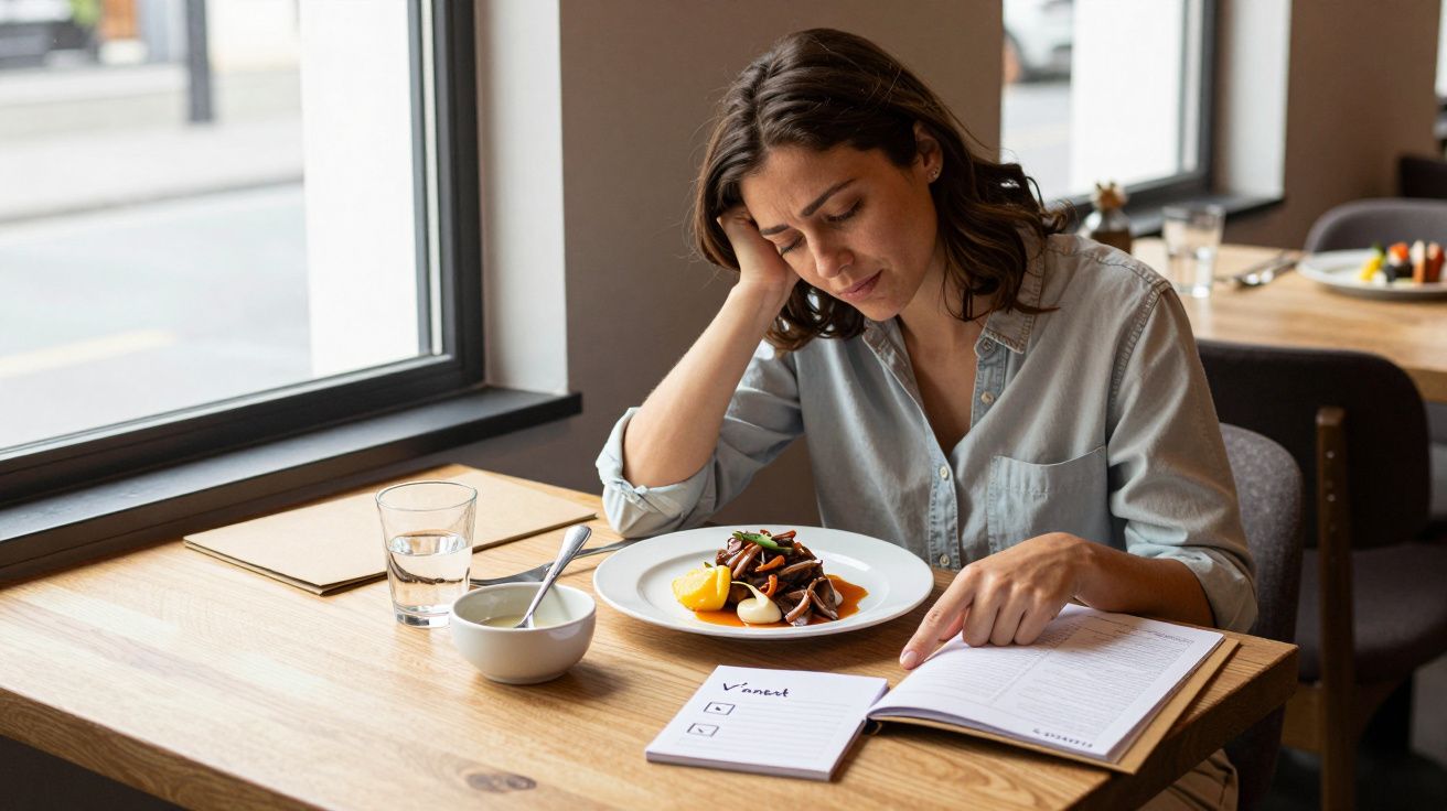 Woman sitting at a restaurant table, reading a menu with a plate of food in front of her, looking pensive.