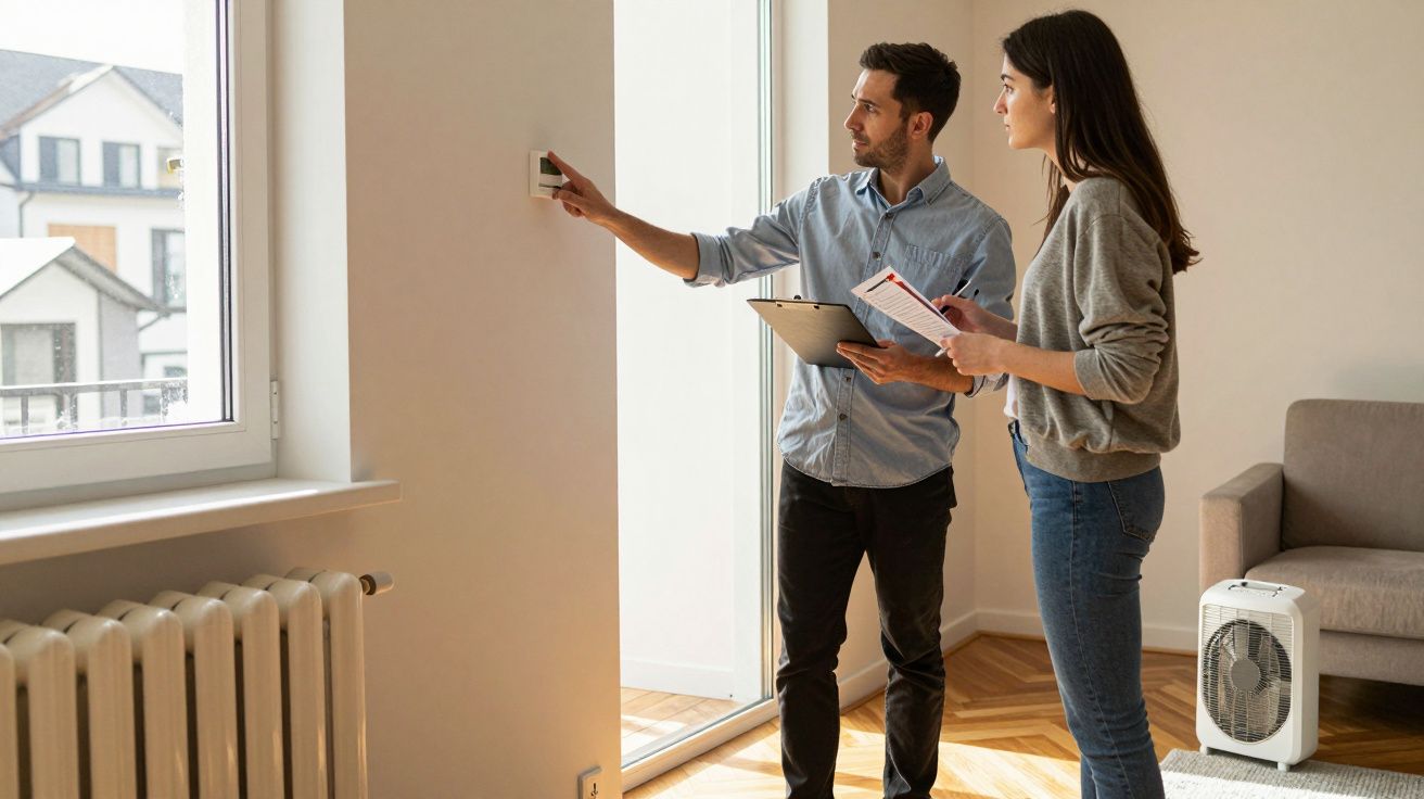 Man adjusting thermostat on wall while woman holds papers, standing in a modern living room with radiator and electric fan.