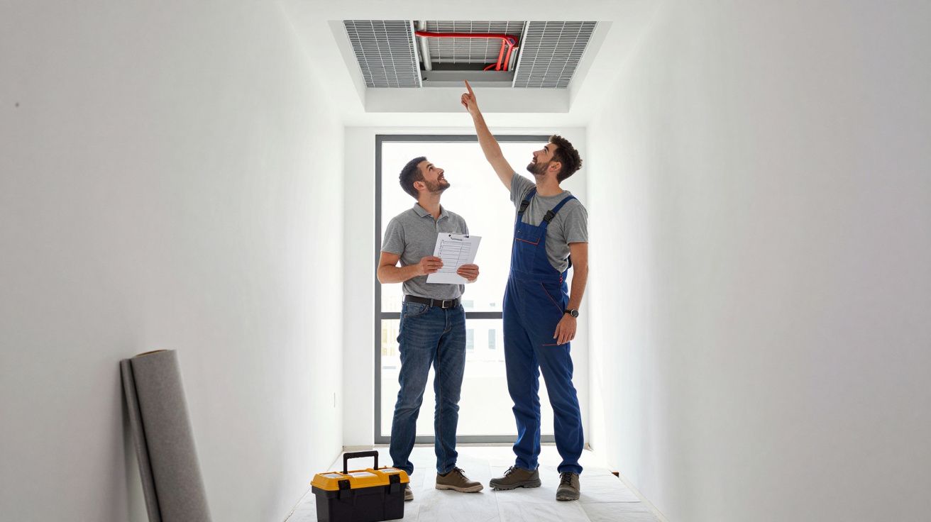 Two men inspecting ceiling vents in a hallway, one holding a clipboard and the other pointing upwards.