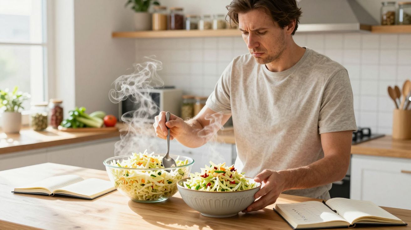 Man preparing a steaming salad in a modern kitchen with notebooks on the wooden counter.