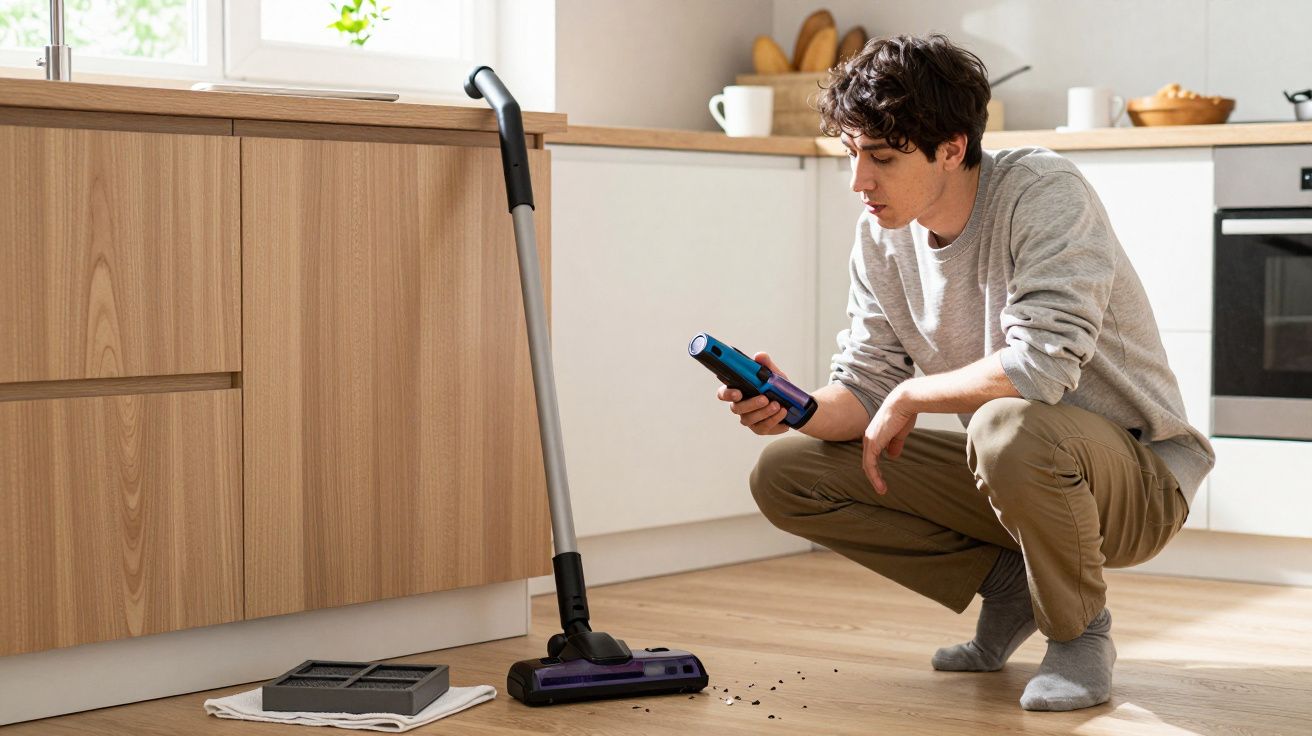 Man kneeling, using a handheld vacuum cleaner in a modern kitchen with light wood cabinets and scattered crumbs on the floor.
