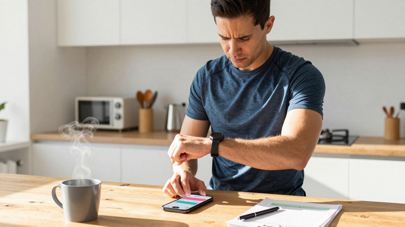 Man in blue shirt using smartphone and checking smartwatch at kitchen table with steaming mug and papers.