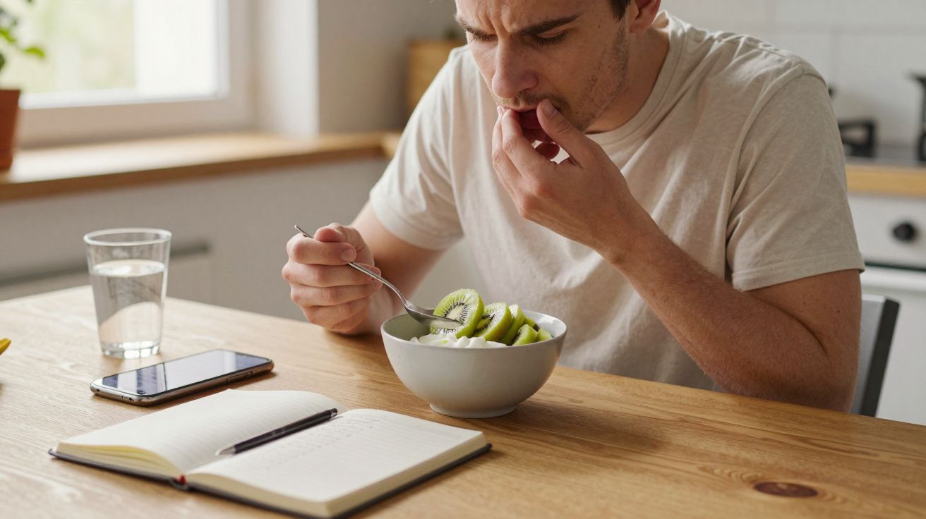 Man eating fruit salad at table with notebook, phone, and glass of water.