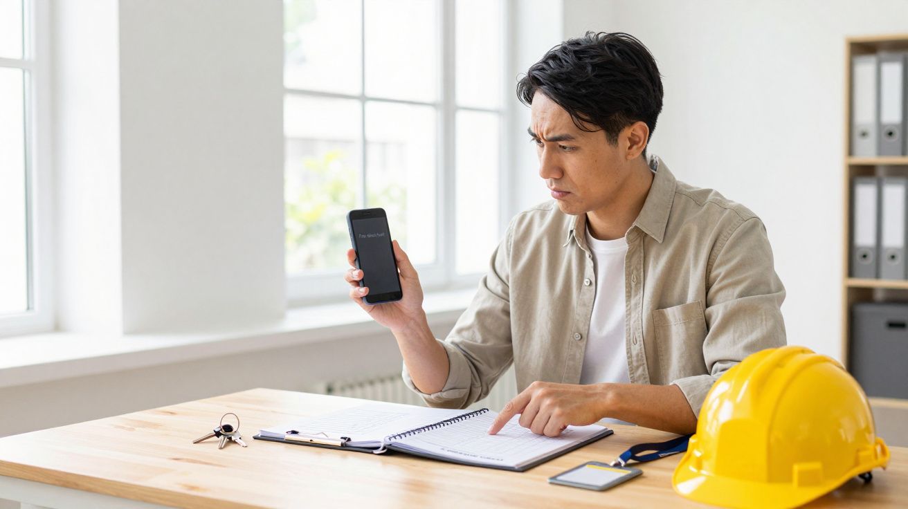 Man reviewing notes and checking phone at desk, with yellow hard hat nearby.