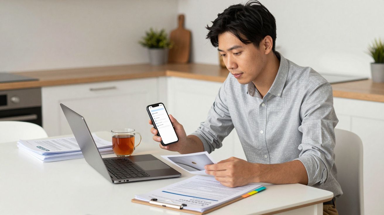 Man in grey shirt working at a table, using a smartphone and laptop, with papers and a cup of tea nearby in a kitchen.