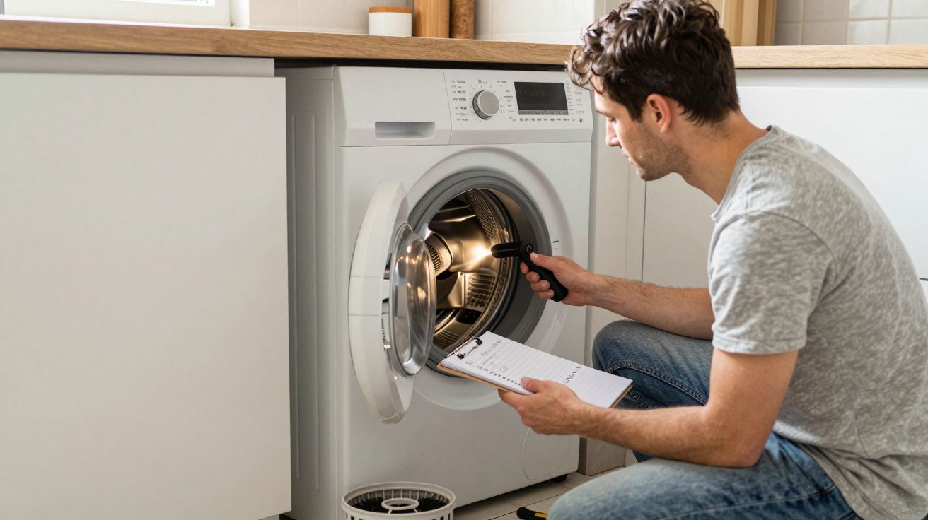 Man inspecting open washing machine with torch and clipboard in kitchen.