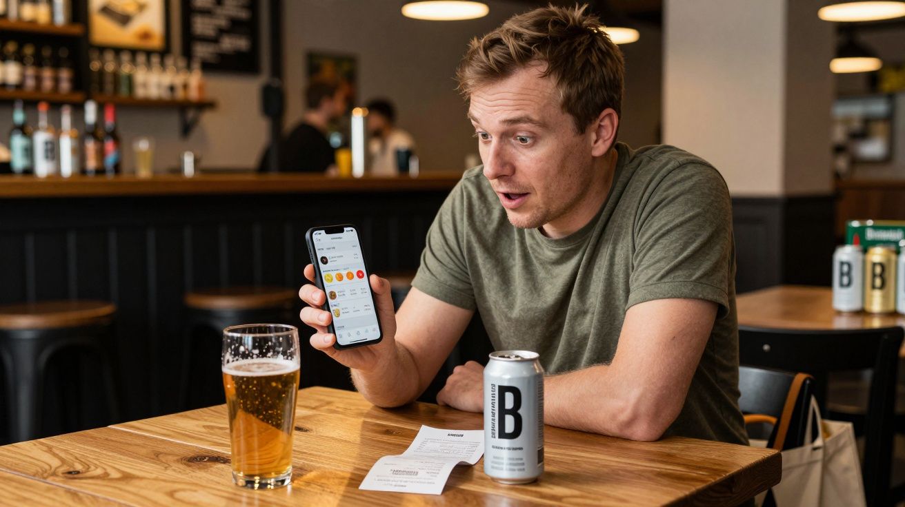 Man in pub showing phone screen with excitement, a beer and drink can on table.
