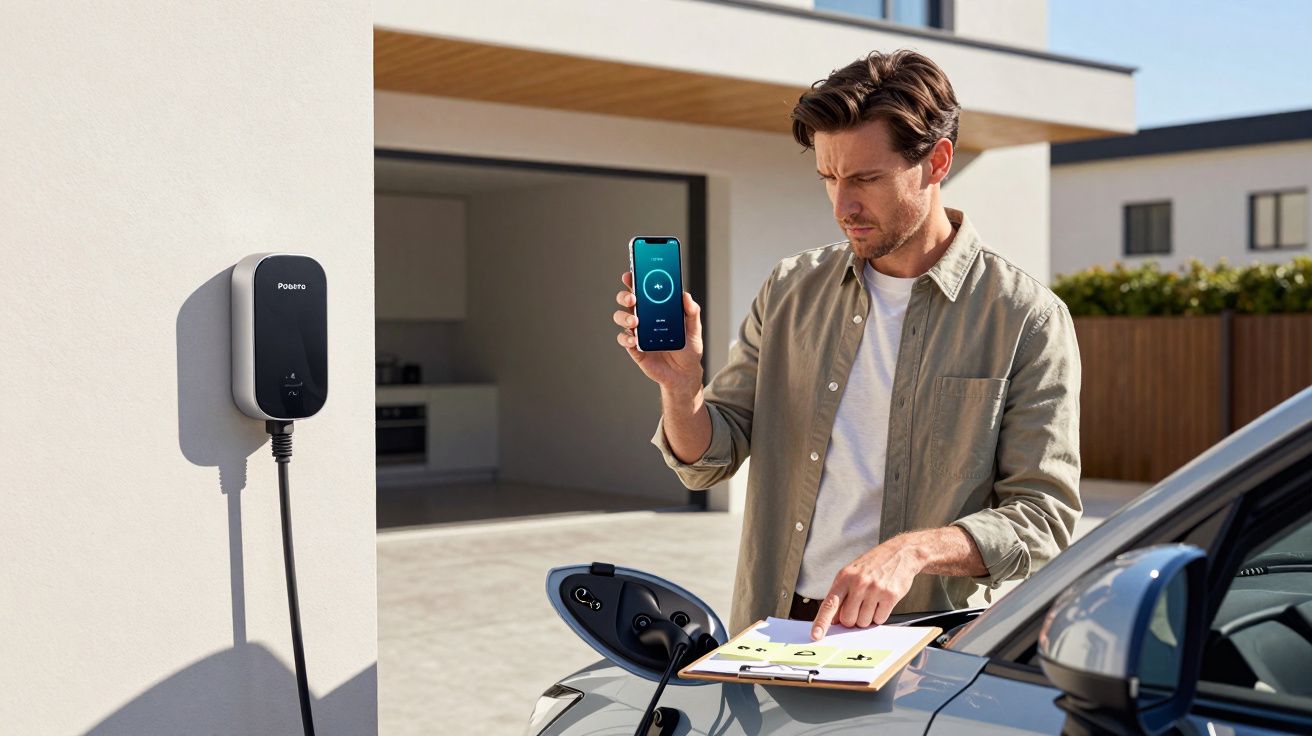 Man using smartphone app while charging electric car at home charging station.