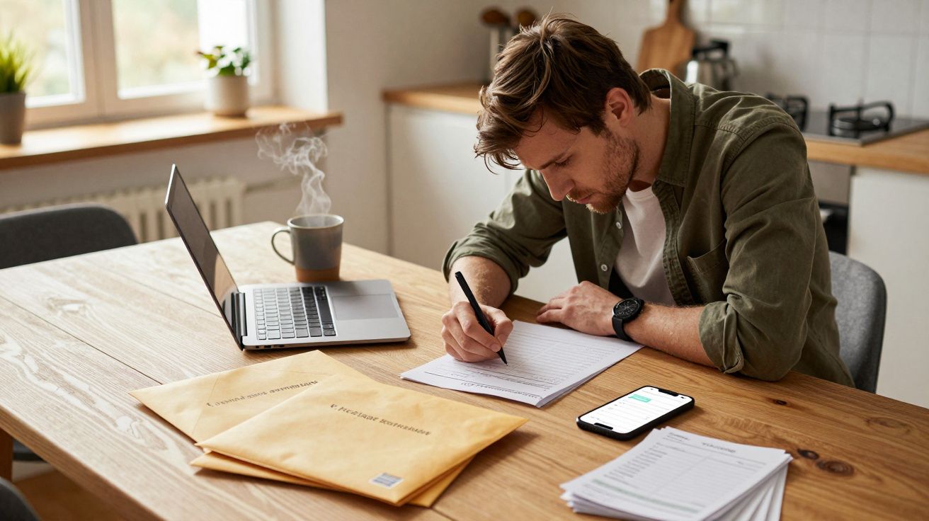 Man writing at a wooden table with a laptop, phone, documents, and coffee cup in a cosy kitchen.