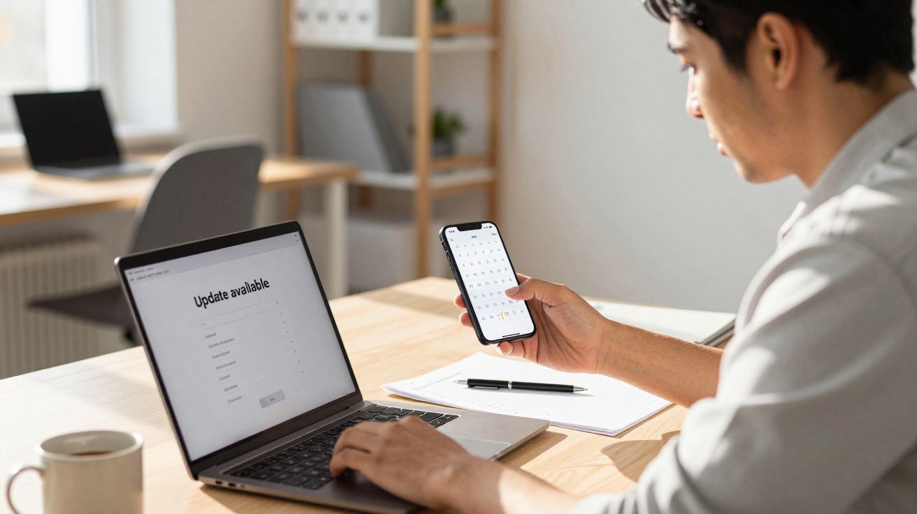 Man at desk checking phone, laptop screen shows "Update available," pen and notebook nearby.