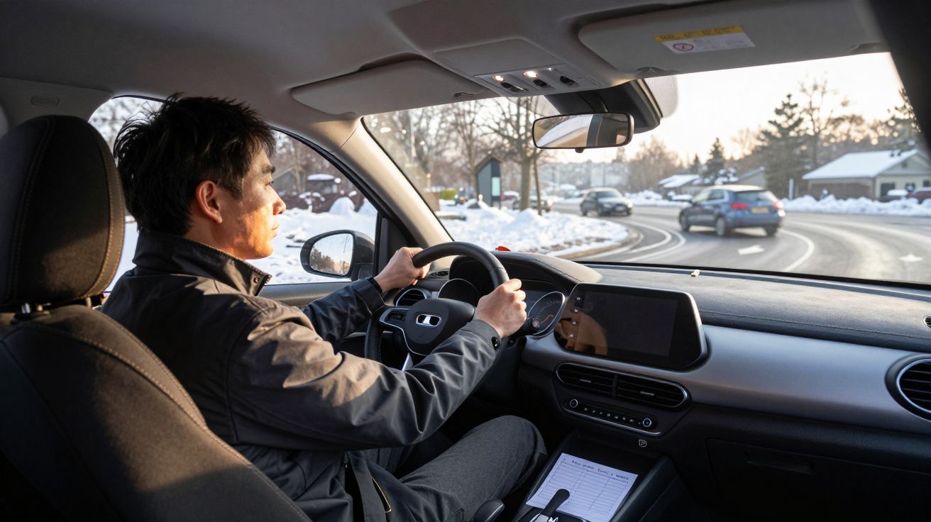 Man driving a car on a snowy road, with houses and trees visible through the windows.