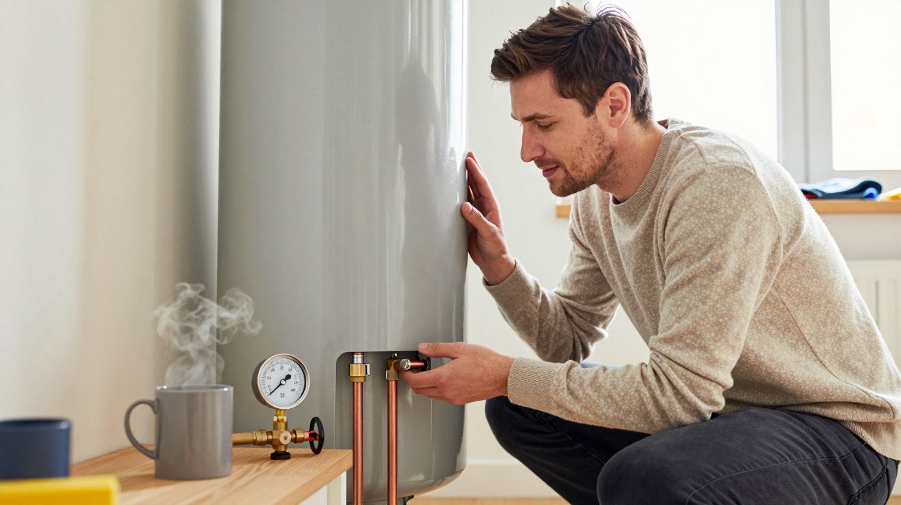 Man adjusting a boiler valve with a steam-emitting mug and a pressure gauge on a wooden shelf.