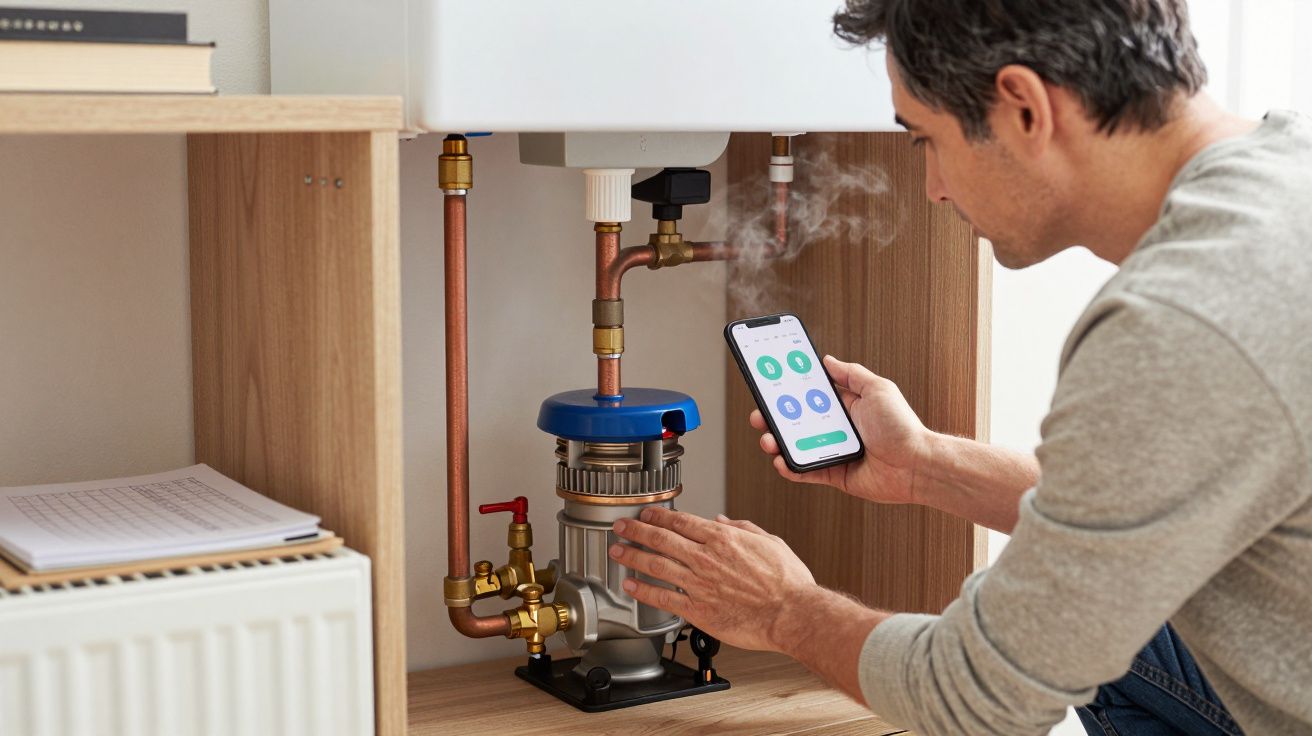 Man checking smartphone app near a steaming boiler in a wooden cabinet, illustrating modern home heating controls.