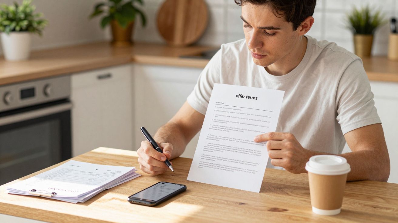 Man reading a document at a kitchen table, with a cup of coffee, phone, and papers nearby.