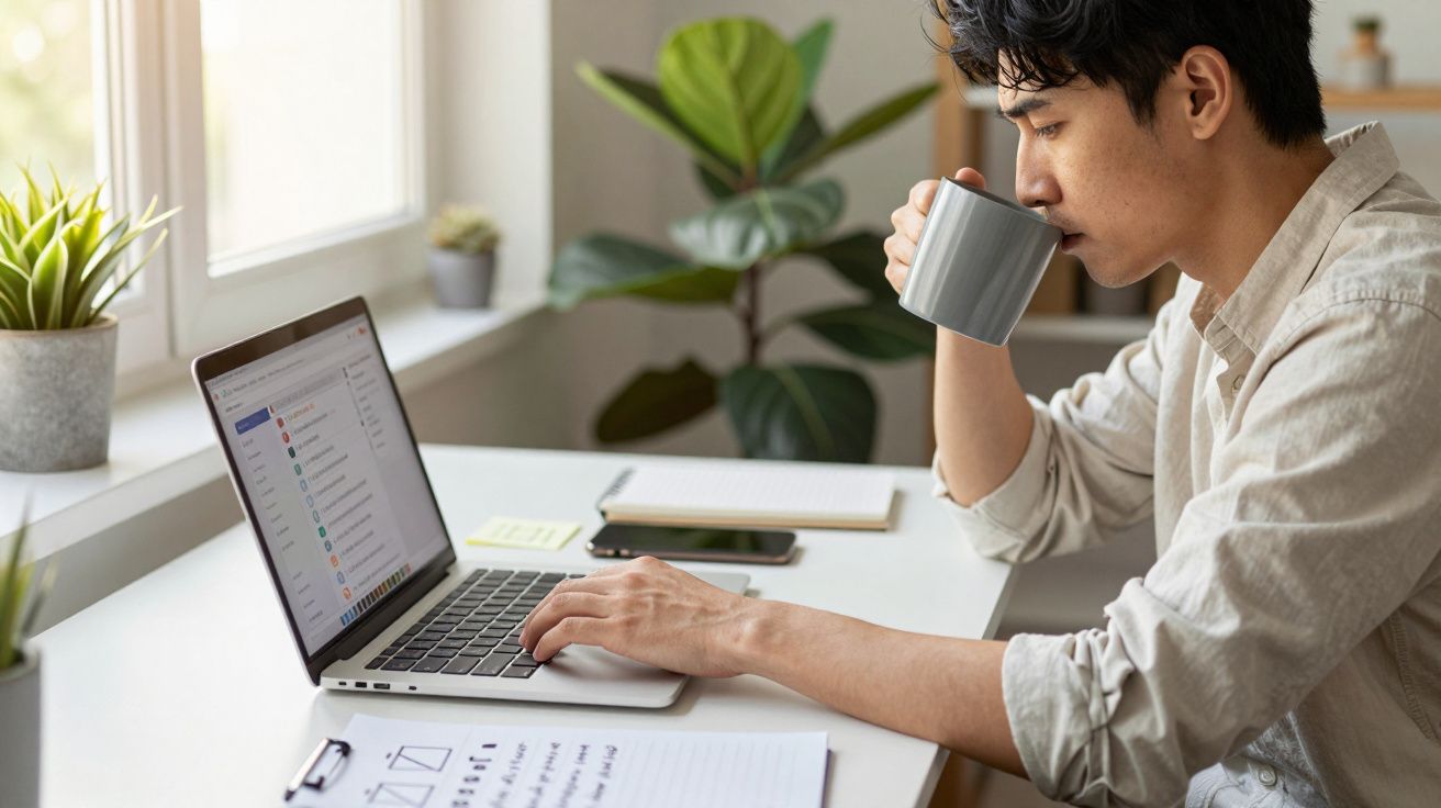 Man sipping coffee while working on a laptop at a desk with notebooks and potted plants.