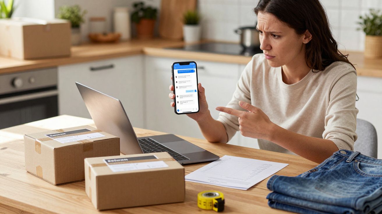 Woman indoors, pointing at phone, with laptop, parcels, jeans, and a tape measure on the table in a kitchen setting.