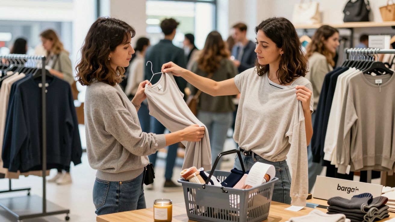 Two women shopping for clothes, holding tops in a clothing store with a basket on the counter.