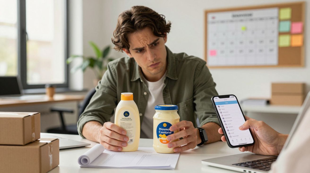 Man examines condiment bottles while another shows a smartphone screen, sitting at a desk with boxes and a calendar.