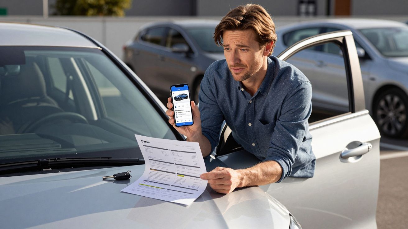 Man leaning on a car, holding a phone and examining a document on the bonnet in a car park.