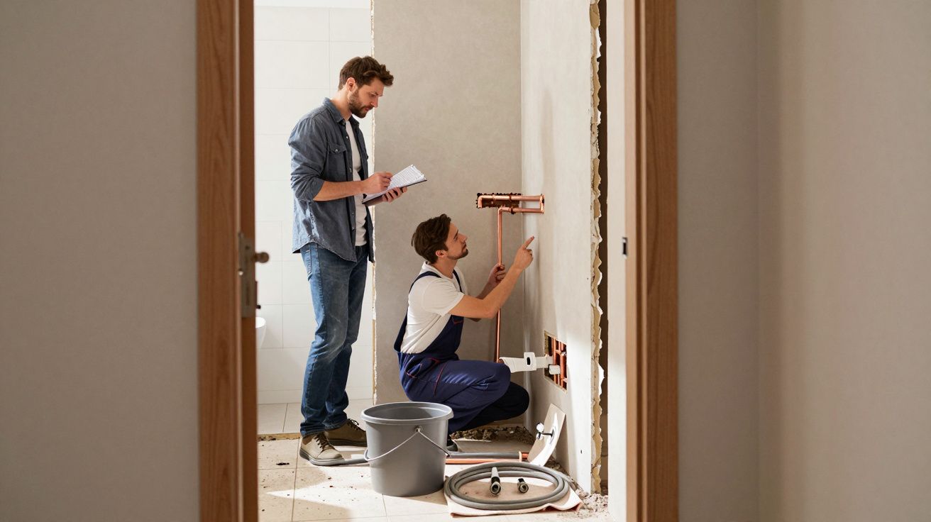 Two men working on plumbing pipes in a room, with tools and a bucket on the floor. One is taking notes.