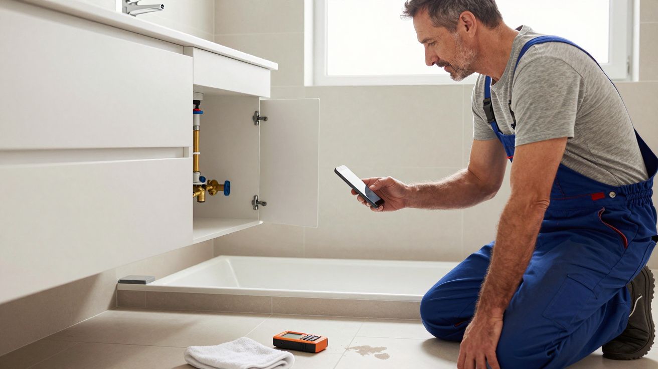 A plumber in overalls uses a smartphone to inspect under a bathroom sink, with tools and a towel nearby.