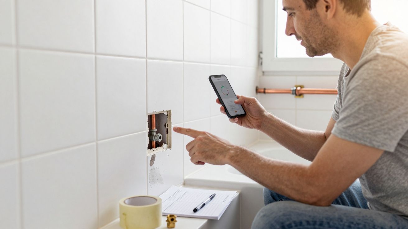 Man using phone to check plumbing behind bathroom wall tiles with hole, paper, pen, and tape nearby.