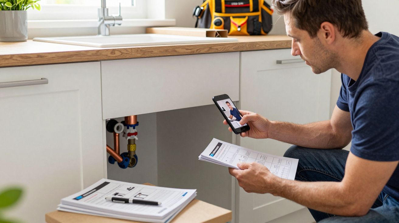 A man using a smartphone and manual to repair plumbing under a kitchen sink. Papers and tools are on a nearby surface.