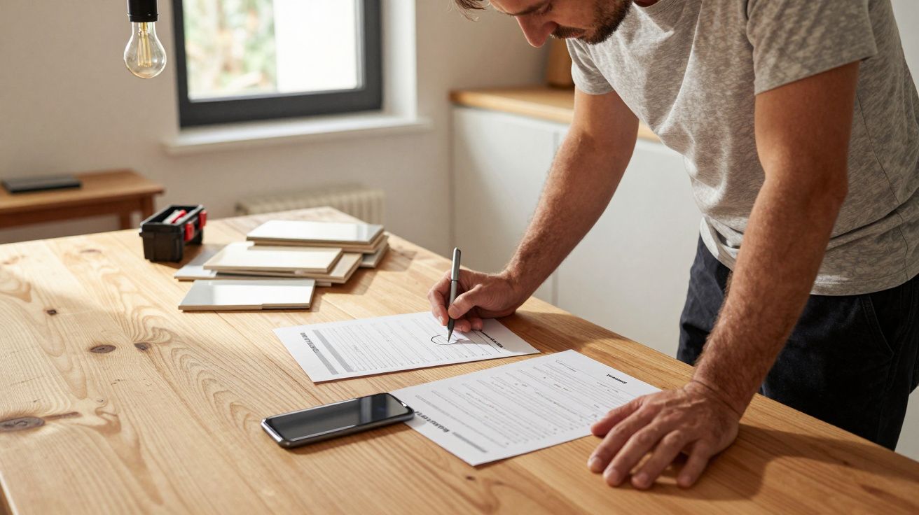 Man in grey t-shirt signs documents on a wooden table with a phone and note pads nearby.