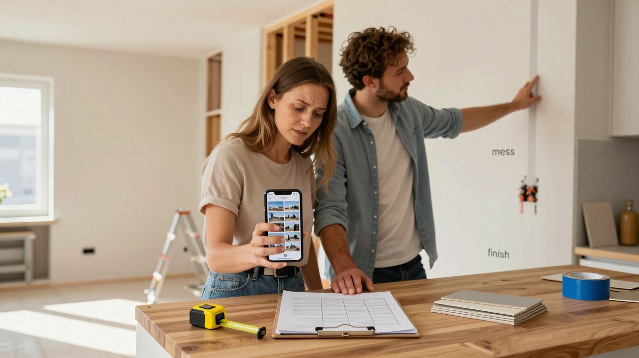 Two people planning a home renovation, one using a smartphone, the other measuring and marking a wall.