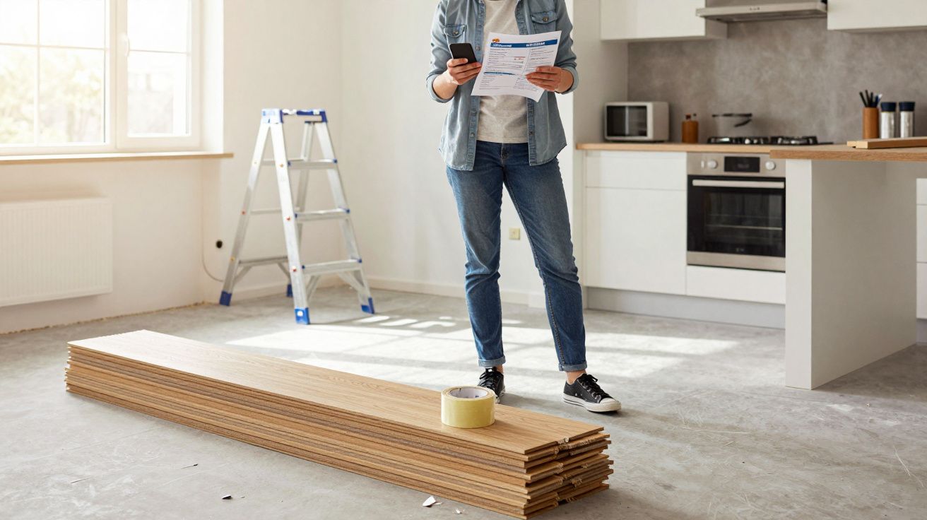Person checking phone and holding papers in a kitchen under renovation, with wooden planks and a step ladder nearby.