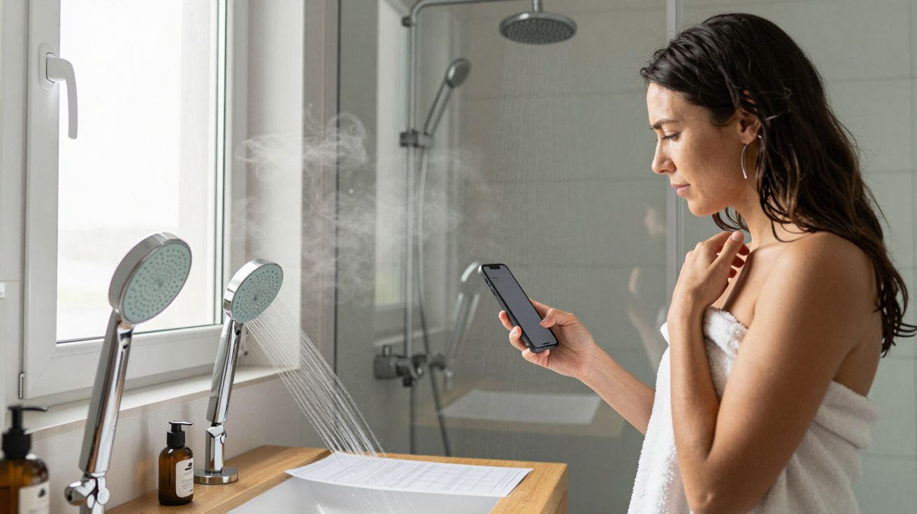 Woman wrapped in a towel checks phone by a steamy shower, standing at a bathroom sink with double faucets.