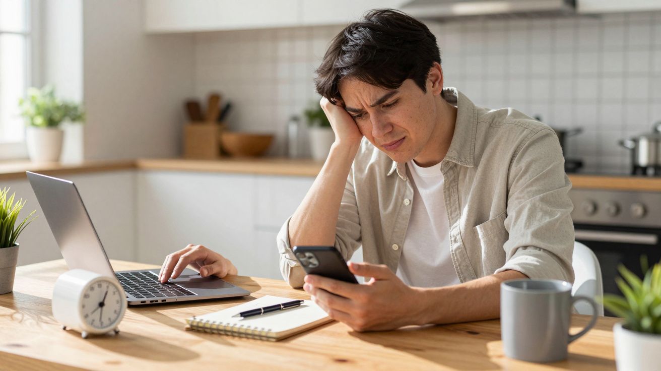 Man in kitchen looks worried, checking smartphone and using laptop, with notebook and coffee mug on wooden table.