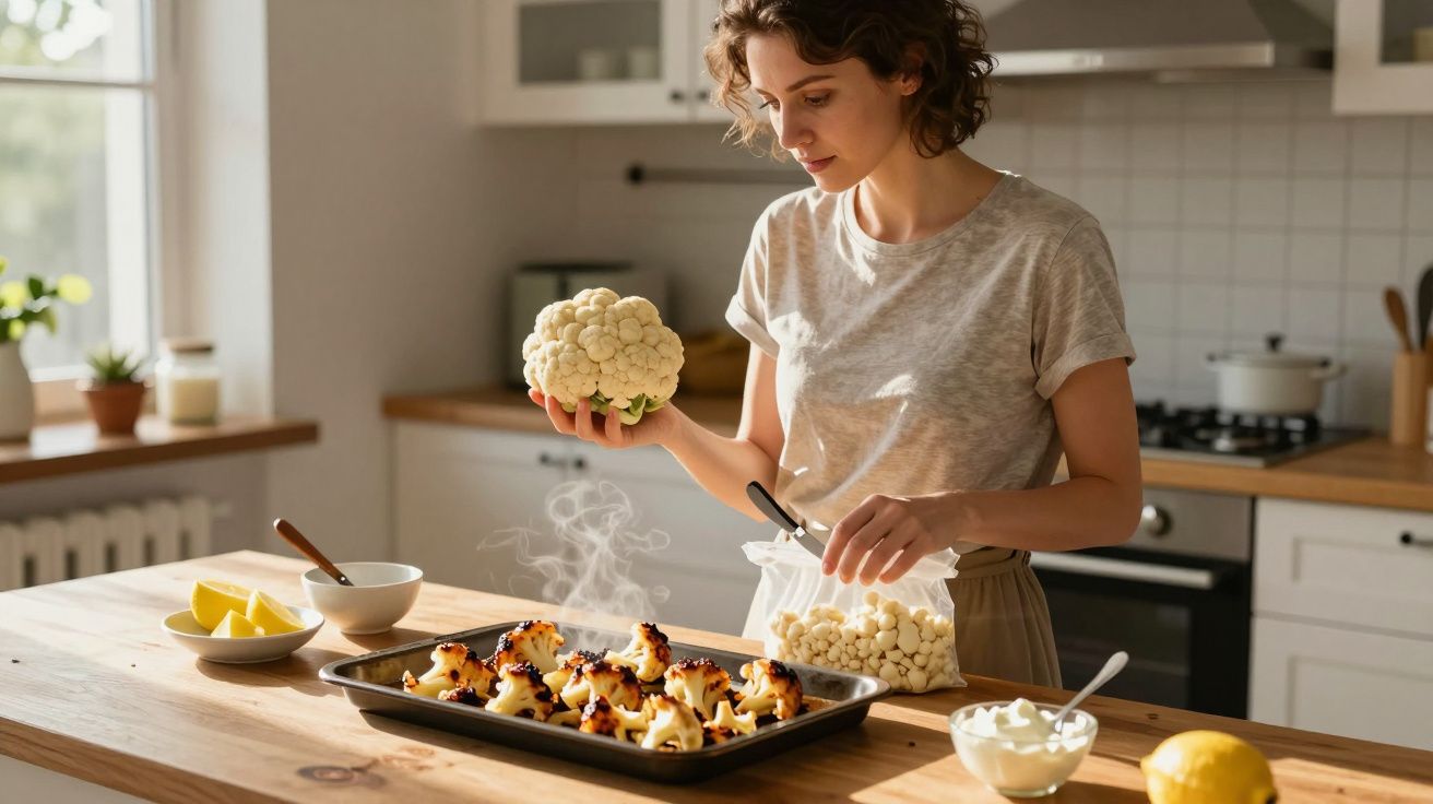 Woman preparing roasted cauliflower tray in a sunny kitchen.