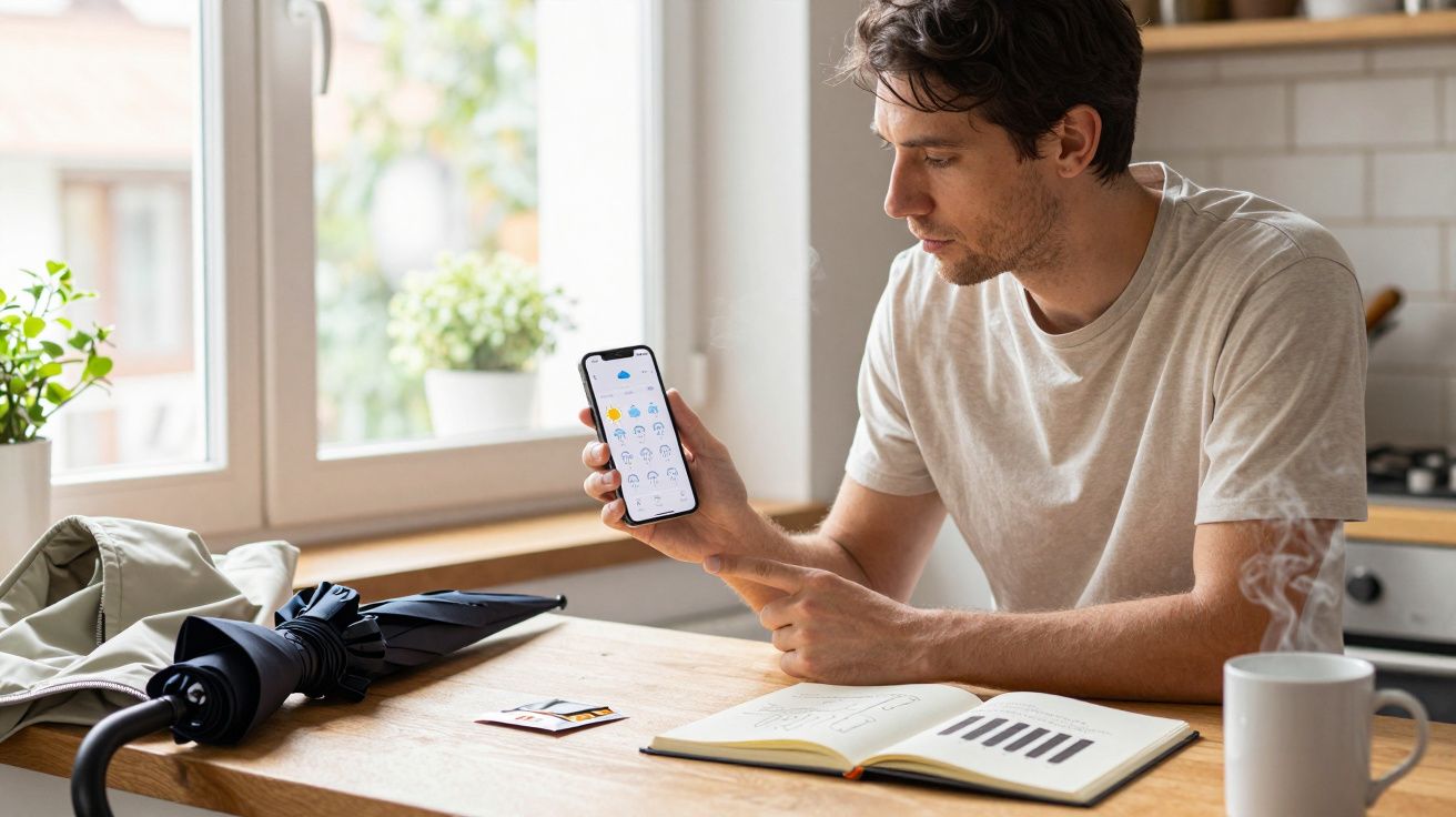 Man sitting at kitchen table using a smartphone, with an open notebook, umbrella, and coffee mug nearby.