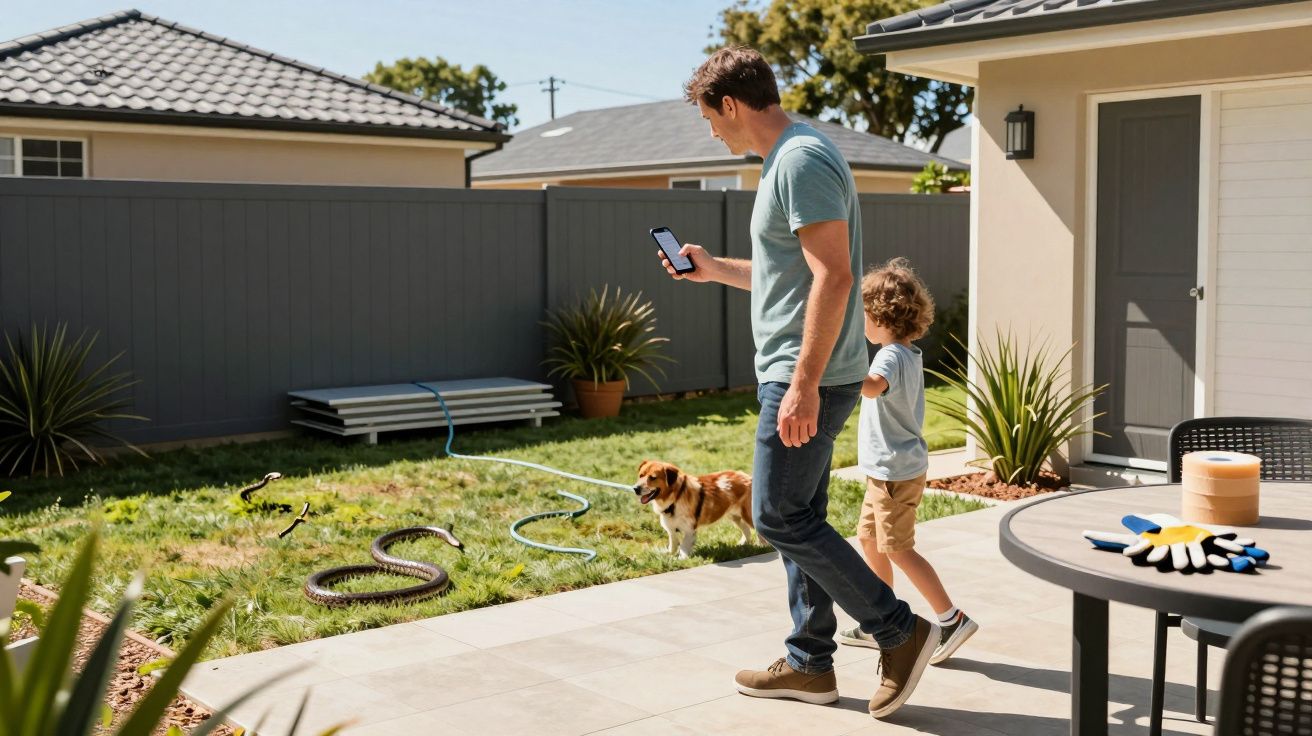 Father and son walk in a garden with a dog, the father holding a phone, and a garden hose is on the lawn.
