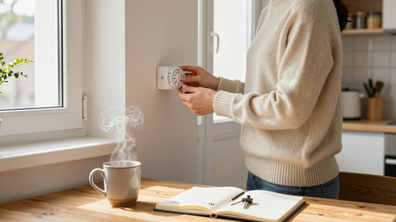 Person adjusting a thermostat on a wall in a cosy kitchen, with a steaming mug and open notebook on the table.