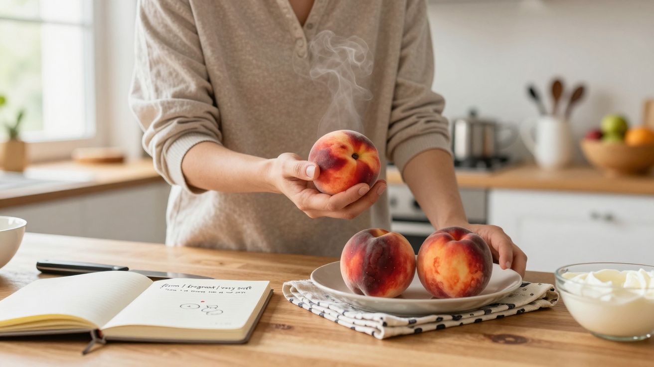 Person holding a fresh peach with steam, next to a plate of peaches, a notebook, and a bowl in a bright kitchen.