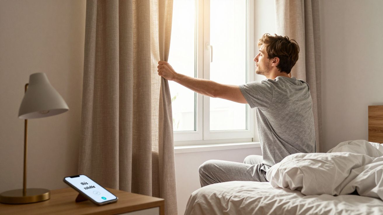 Man drawing curtains in a sunlit bedroom, sitting on bed; a tablet with "6:30 AM" on a side table.