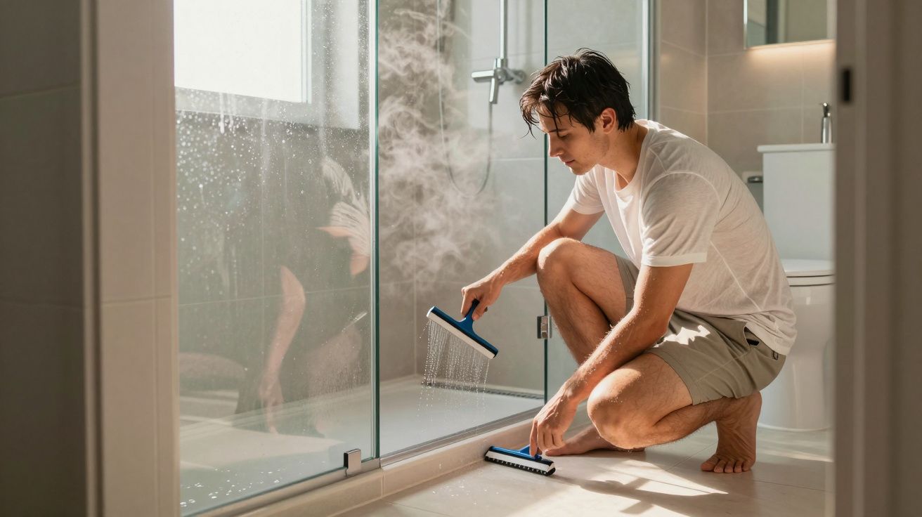Man in a white t-shirt cleaning a glass shower door with a squeegee in a bathroom.