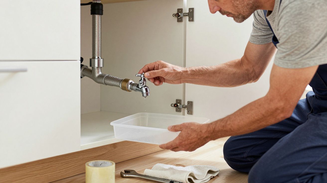 Man repairing kitchen sink pipes, holding small container, wrench and tape nearby on wooden floor.