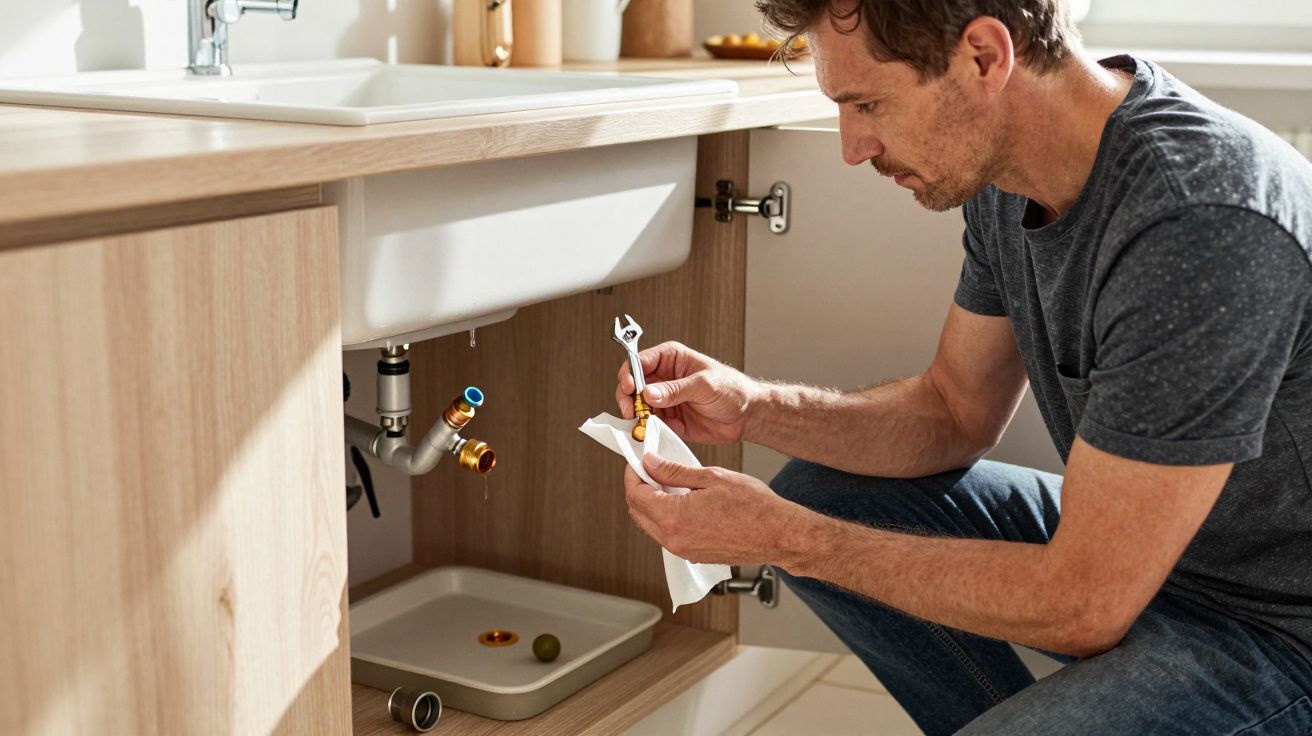 Man repairing under-sink plumbing with a wrench, holding a small part and cloth, in a modern kitchen.