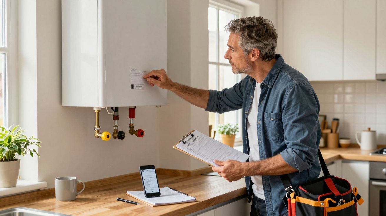 Man checking boiler settings in kitchen, clipboard in hand; phone and toolkit on countertop nearby.