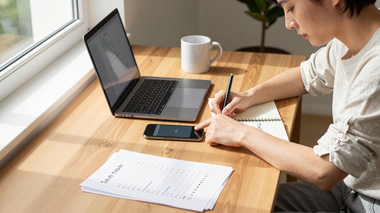 Person at a desk writing in a notebook, with a laptop, smartphone, and papers nearby.