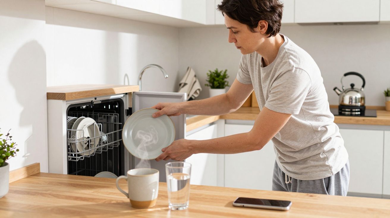 Person loading dishes into a dishwasher in a modern kitchen with wooden worktops and plants.