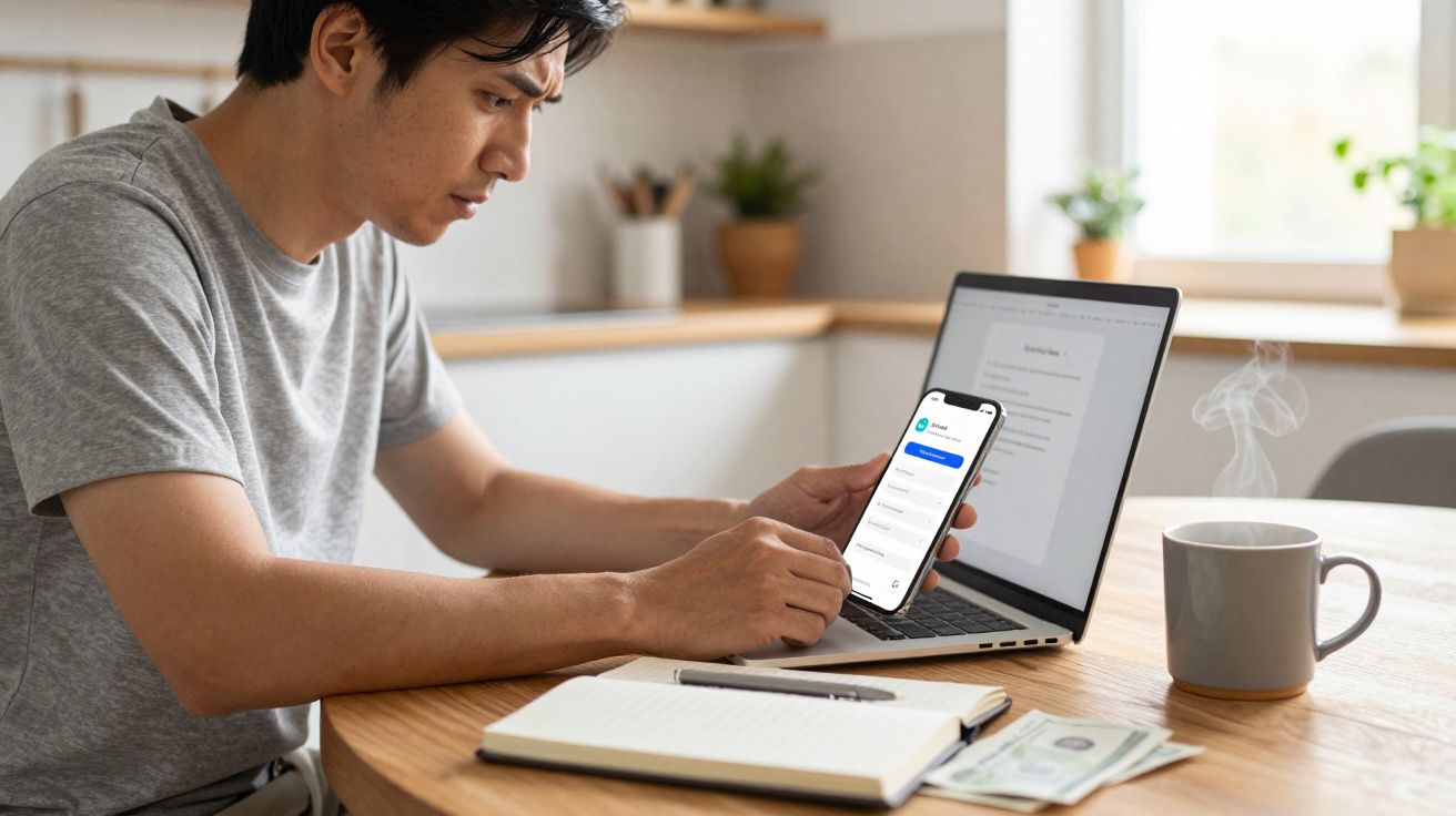 Man using smartphone and laptop at a wooden table with a notepad, cup of tea, and documents in a bright kitchen.