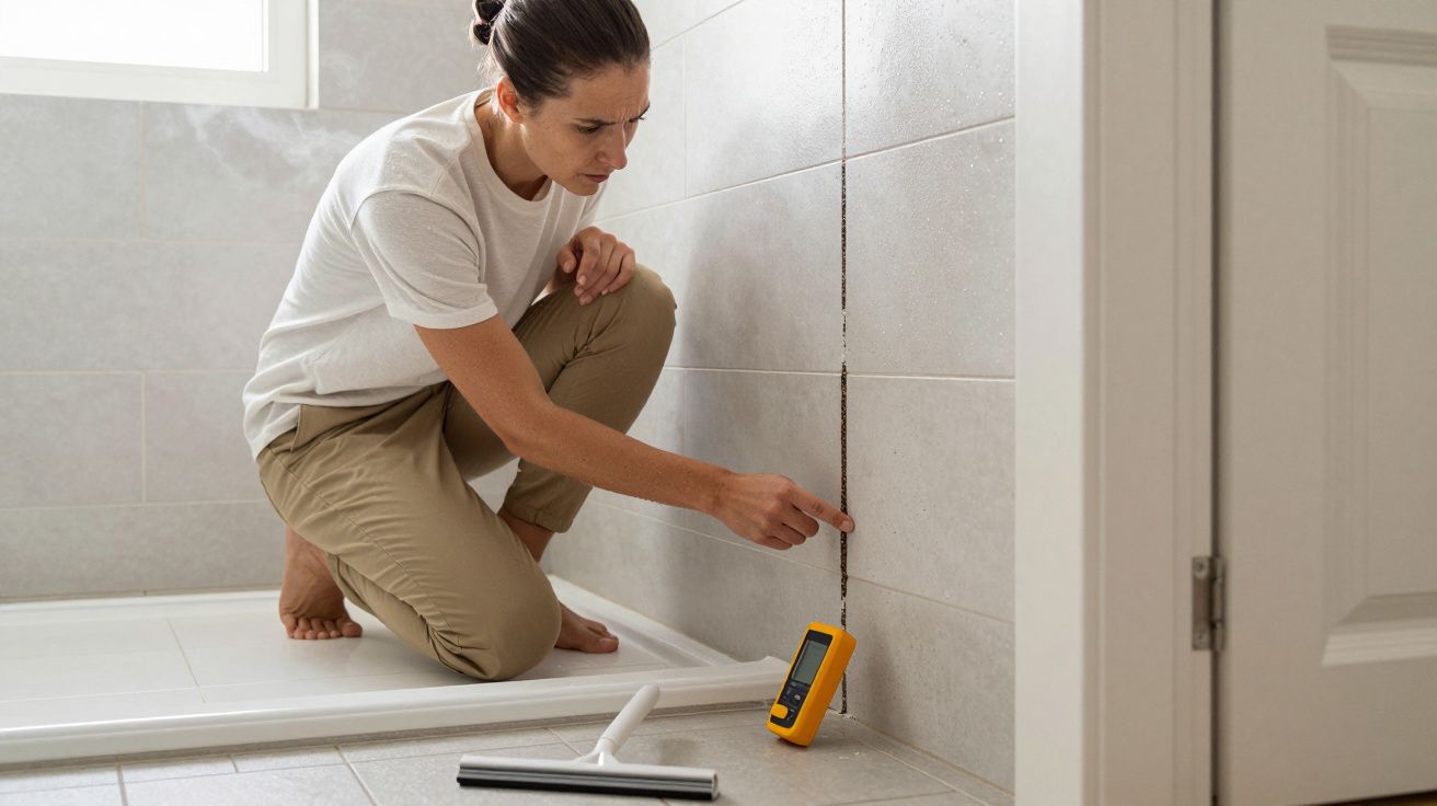 Person checking bathroom tiles with a yellow moisture meter, kneeling next to a shower tray.