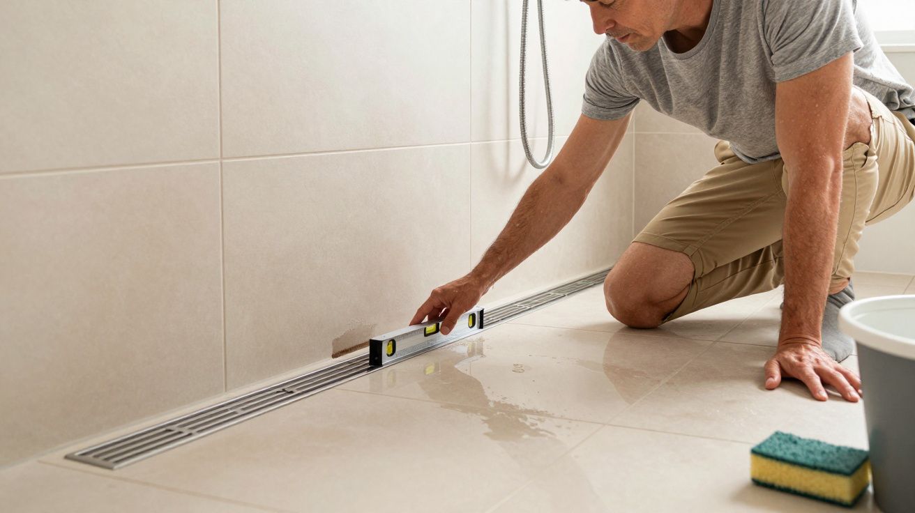 Man using a spirit level to check floor tiles near a linear shower drain in a modern bathroom.